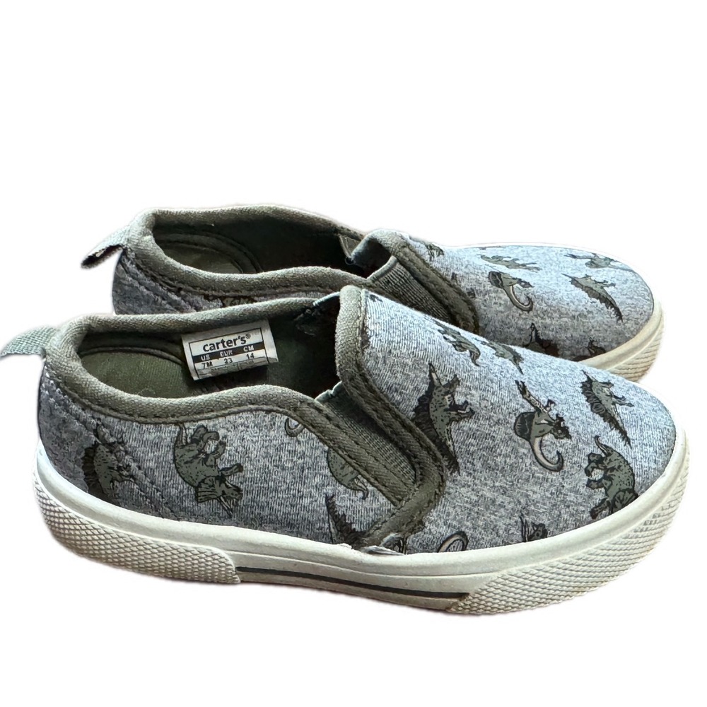 Carter's Dinosaur Slip On Sneakers Kids Size 7M Gray Green Good Dino Print
